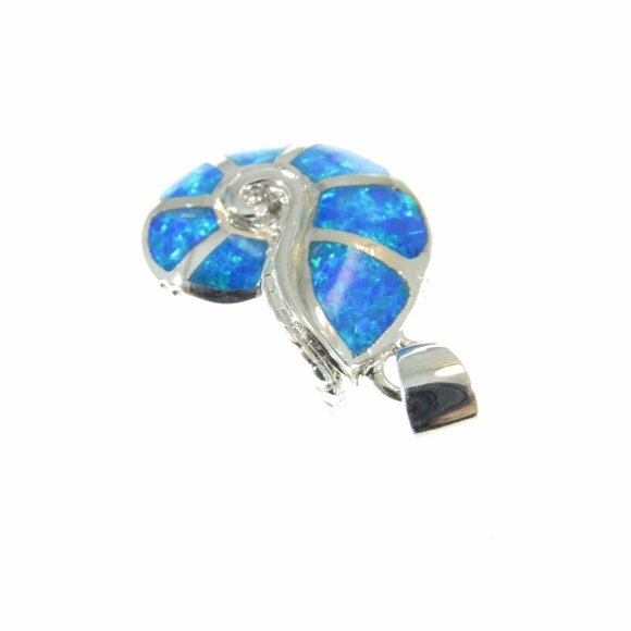Solid 925 Sterling Silver and Blue Opal Nautilus Seashell Ammonite Pendant - Picture 9 of 10